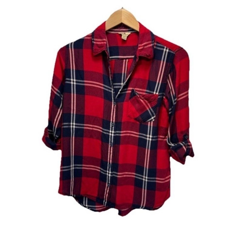 Woolrich Women's Medium Red Plaid Rayon Button Shirt Roll Tab Sleeve Casual - Picture 3 of 12